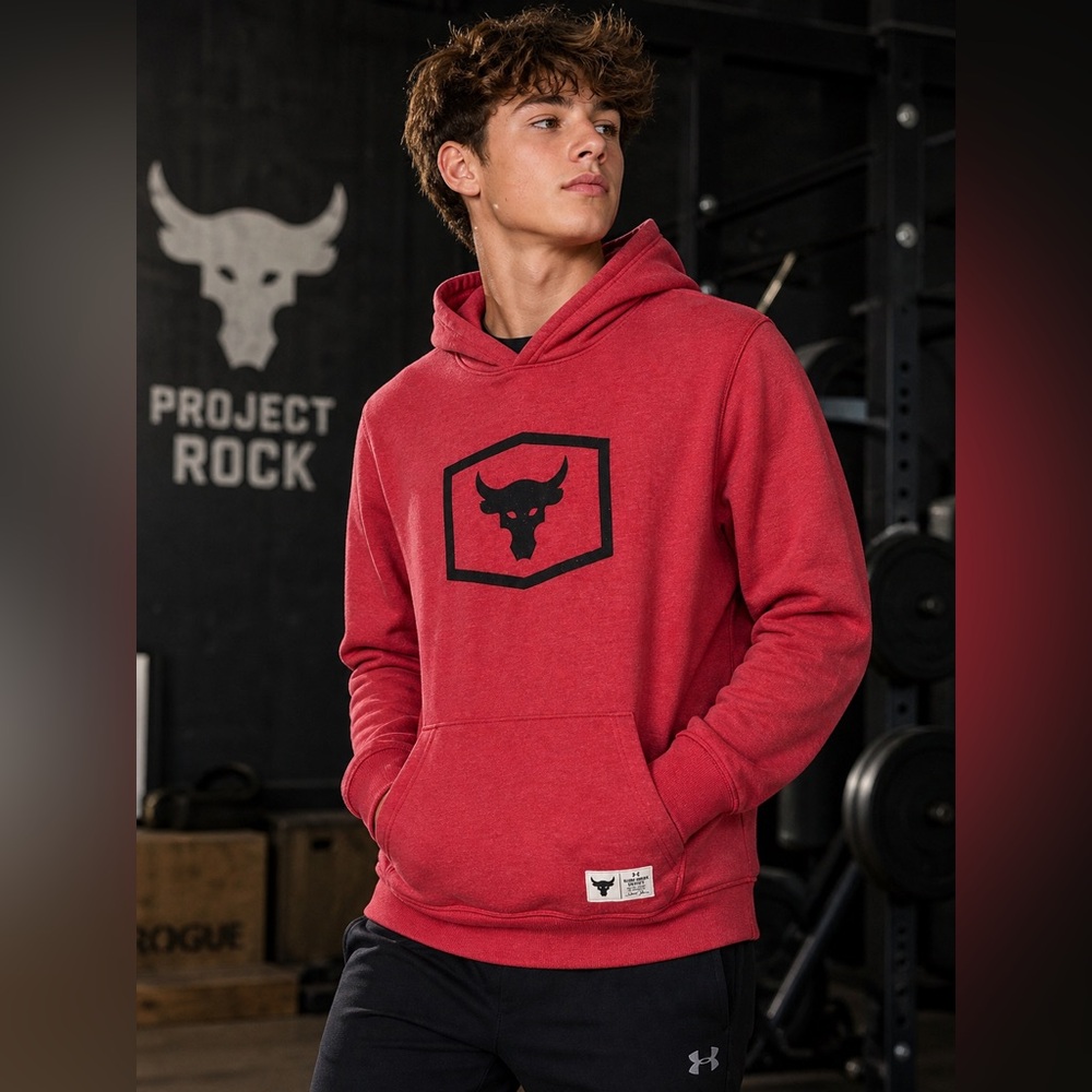 Under Armour Project Rock Hoodie Red YXL Youth ColdGear Logo Pullover